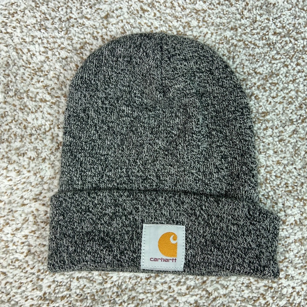 Carhartt Hat Mens One Size Gray Winter Warm Cuffed Knit Cap Workwear Logo Casual